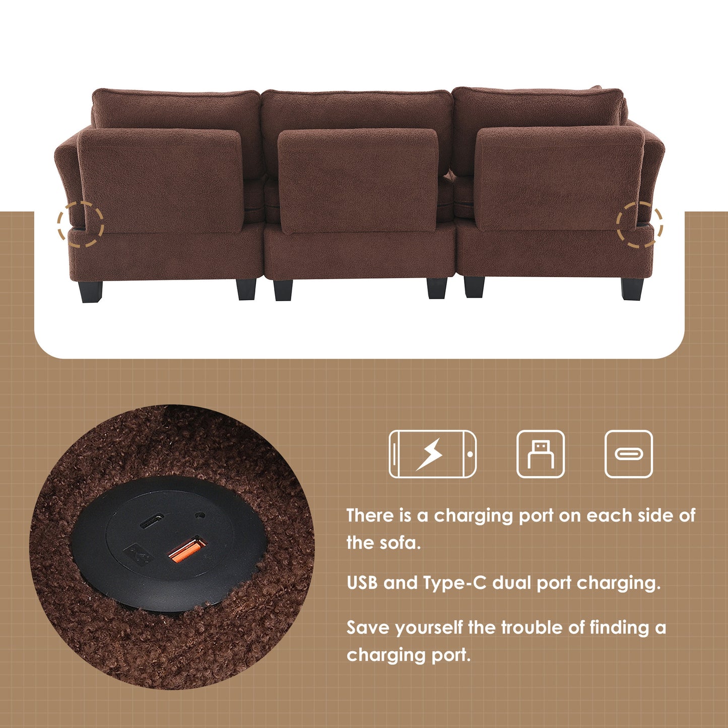 Modern Velvet L-Shaped Sectional Sofa with Charging Ports and Ottoman