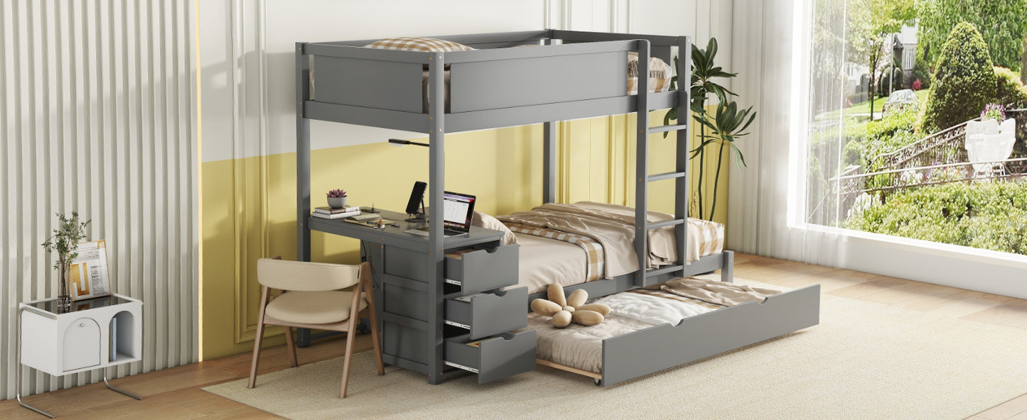 Gray Twin Bunk Bed Set with Trundle, Storage, Desk and USB Ports