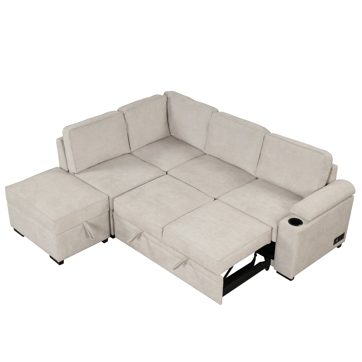 87.4 Beige L-Shape Sleeper Sofa Bed with Storage Ottoman