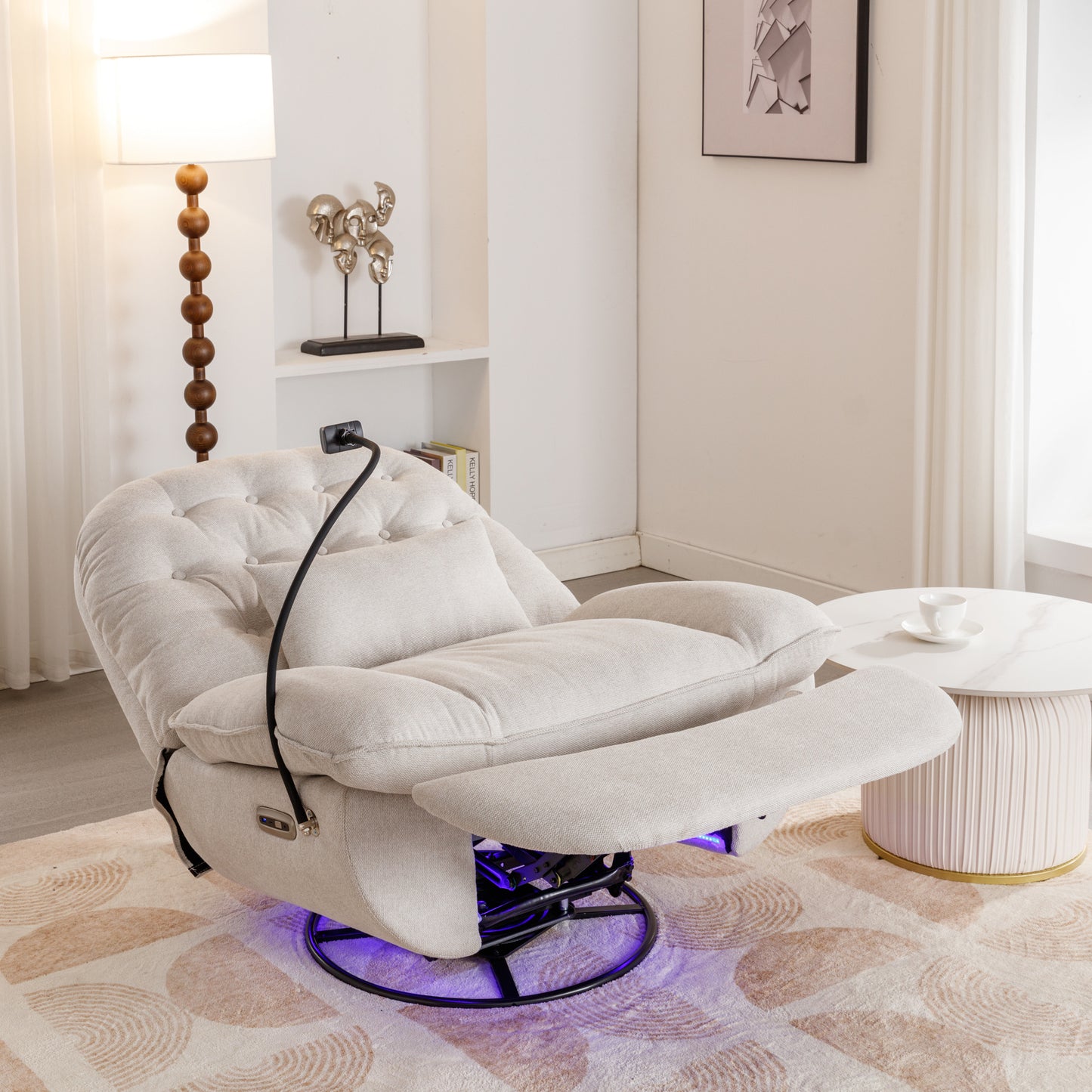 Smart Beige Power Recliner with Swivel, Voice Control, Bluetooth, USB Ports, Atmosphere Lamp, and Mobile Phone Holder