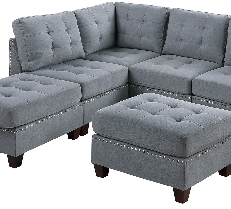 7-Piece Gray Linen-Like Modular Sectional Set with Tufted Nail Head Detailing