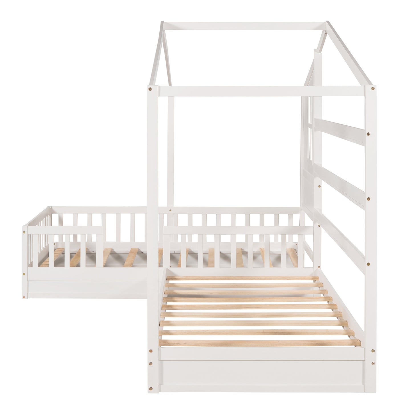 Wood House Bed Twin Size, 2 Twin Solid Bed L structure with fence and slatted frame （White)