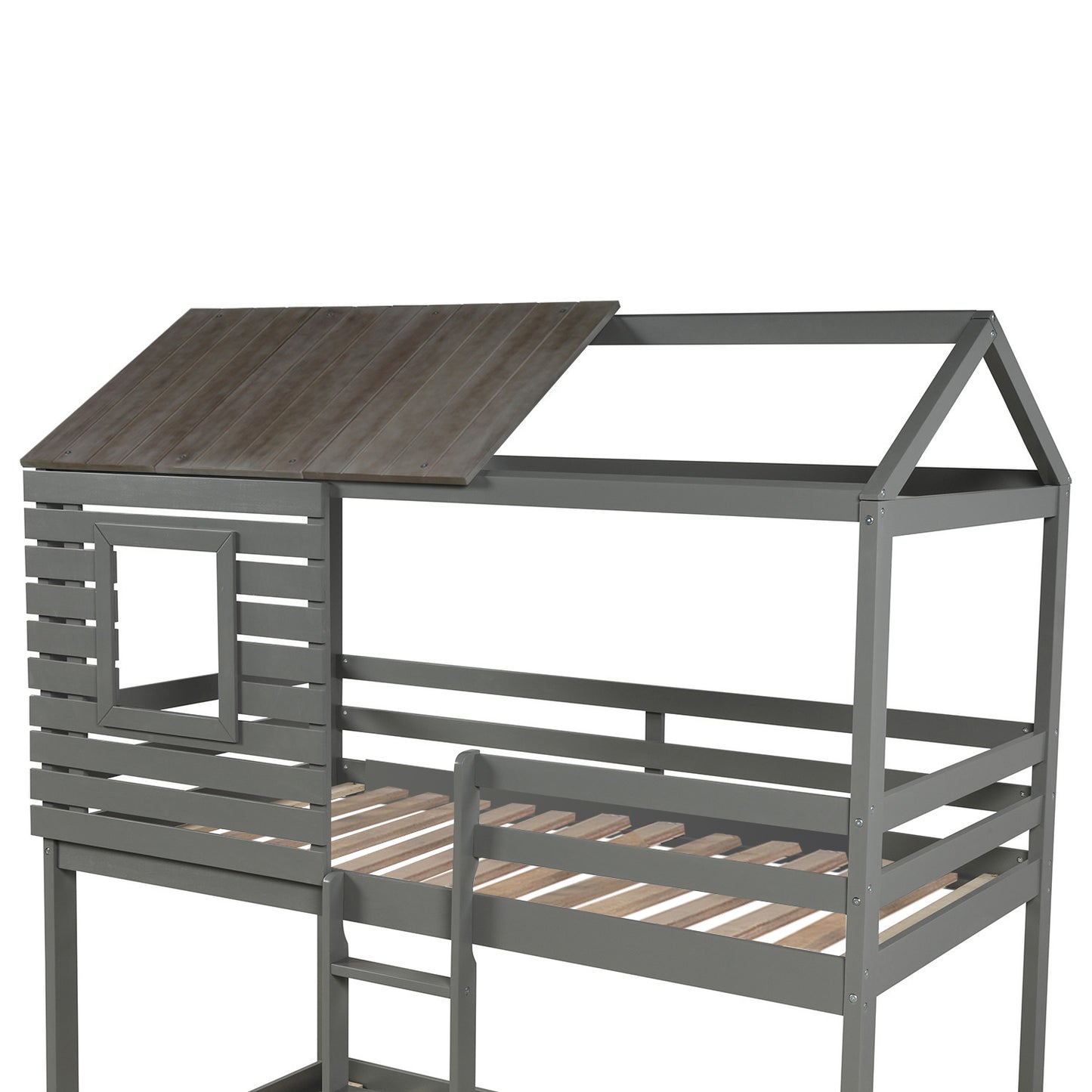 Gray Twin Over Twin Bunk Bed with Playhouse Roof and Window