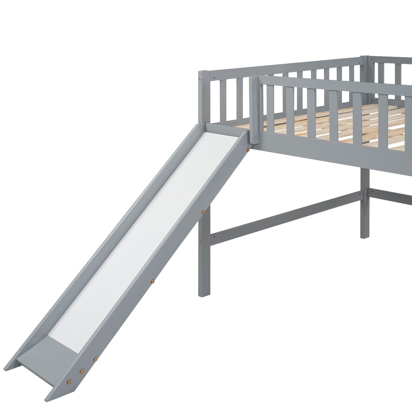 Full Size Low Loft Bed with Ladder and Slide,Gray