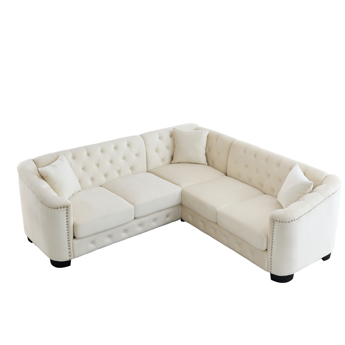 Modern Beige Velvet Chesterfield L-Shaped Sectional Sofa with Nail Head Trim