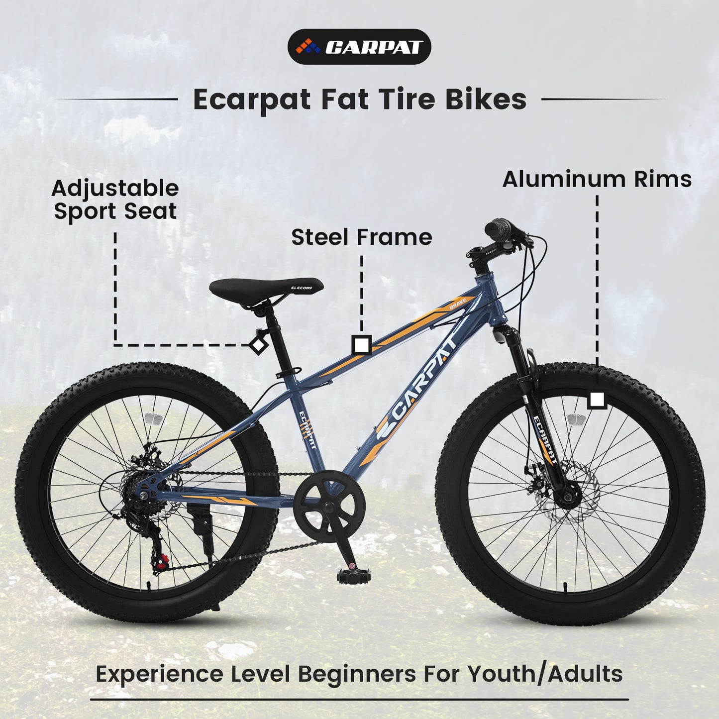 S24109 Elecony 24 Inch Fat Tire Bike Adult/Youth Full Shimano 7 Speeds Mountain Bike, Dual Disc Brake, High-Carbon Steel Frame, Front Suspension, Mountain Trail Bike, Urban Commuter City Bicycle