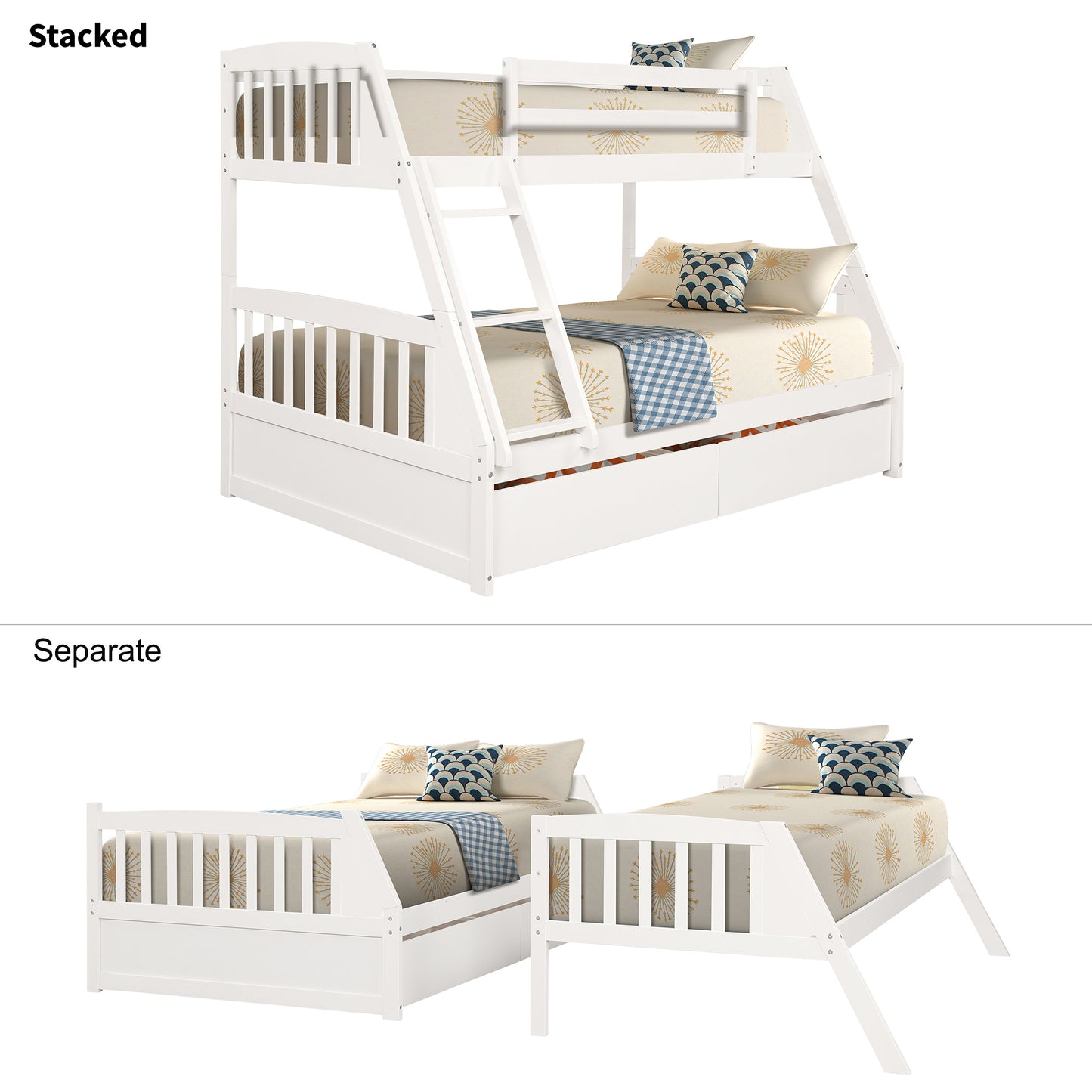 Solid Wood White Twin Over Full Bunk Bed with Two Storage Drawers