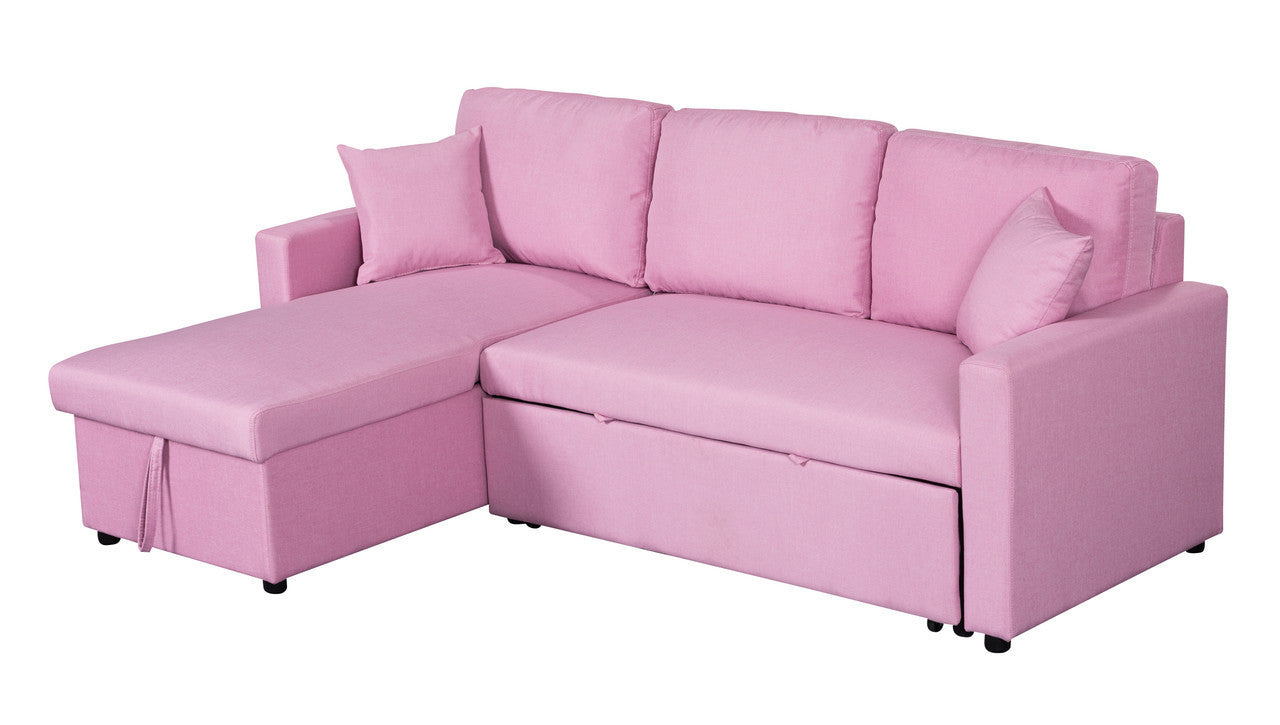 Pink Paisley Linen Fabric Sleeper Sectional Sofa with Storage Chaise