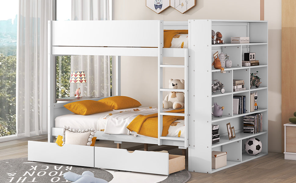 White Full over Full Bunk Bed with Bonus Storage and Multi-layer Cabinet