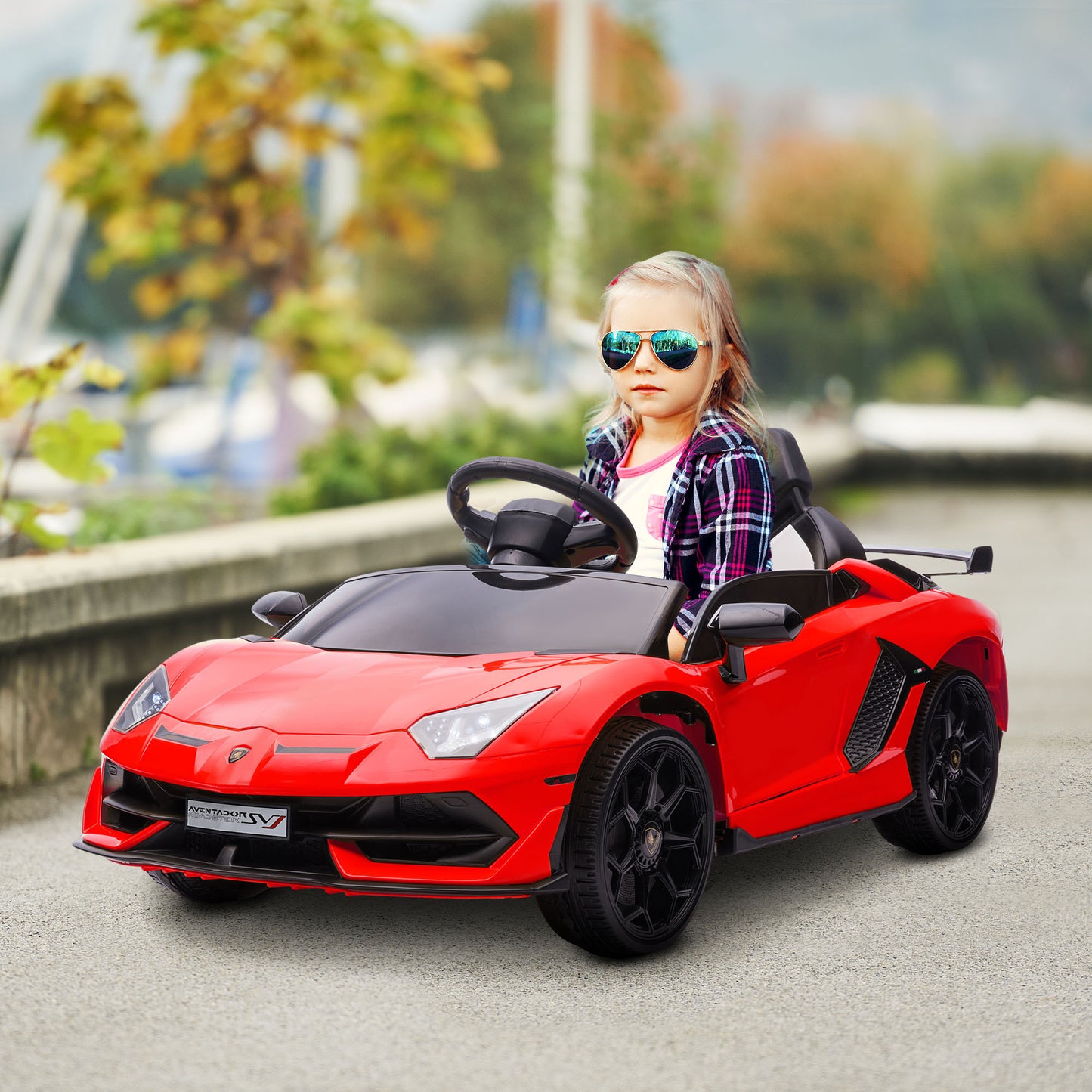 Aosom Lamborghini Aventador Licensed Kids Ride on Car with Scissor Doors, Easy Transport, 12V Electric Car for Kids with Remote Control, Suspension System, Horn, Music, Lights, Red