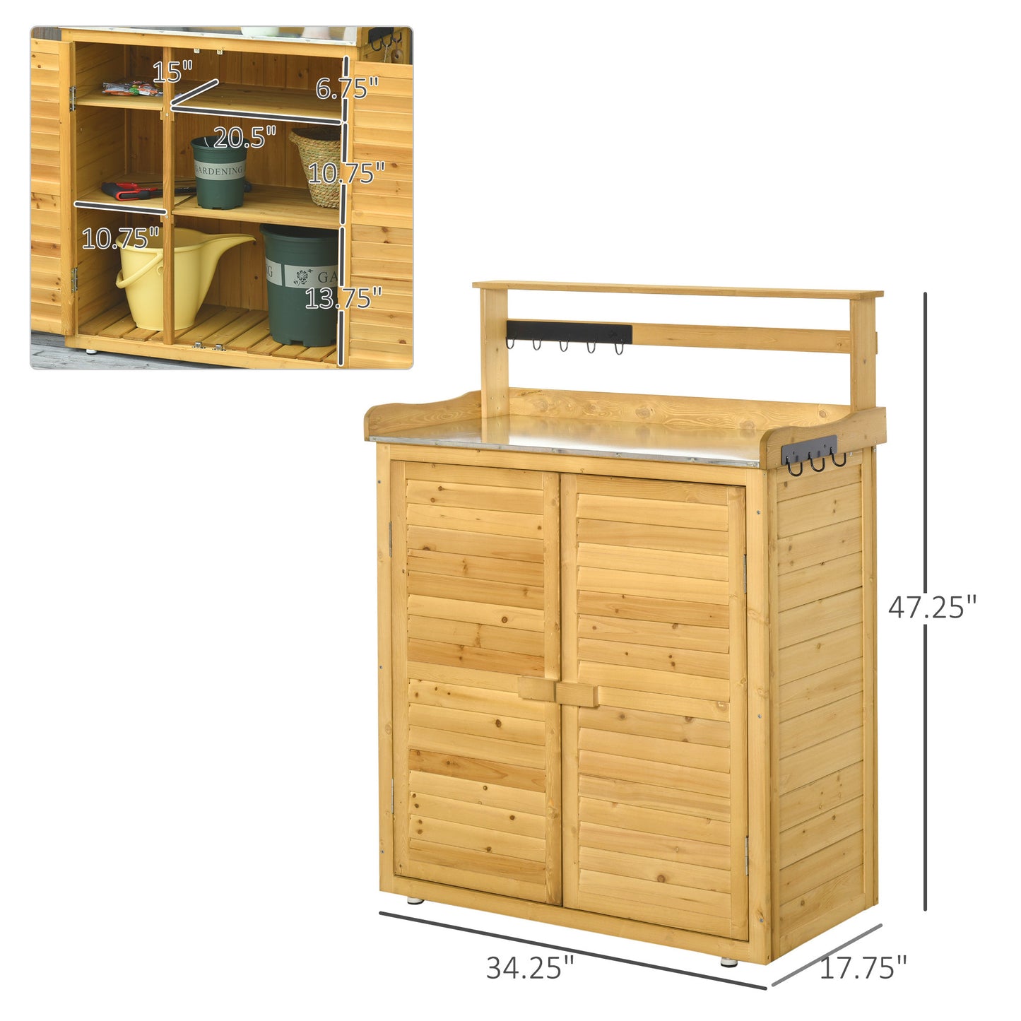 Outsunny Garden Potting Bench Table Wooden Workstation Shed with Tabletop, Hooks, 3-Tier Shelves Cabinet and 2 Magnetic Close Doors