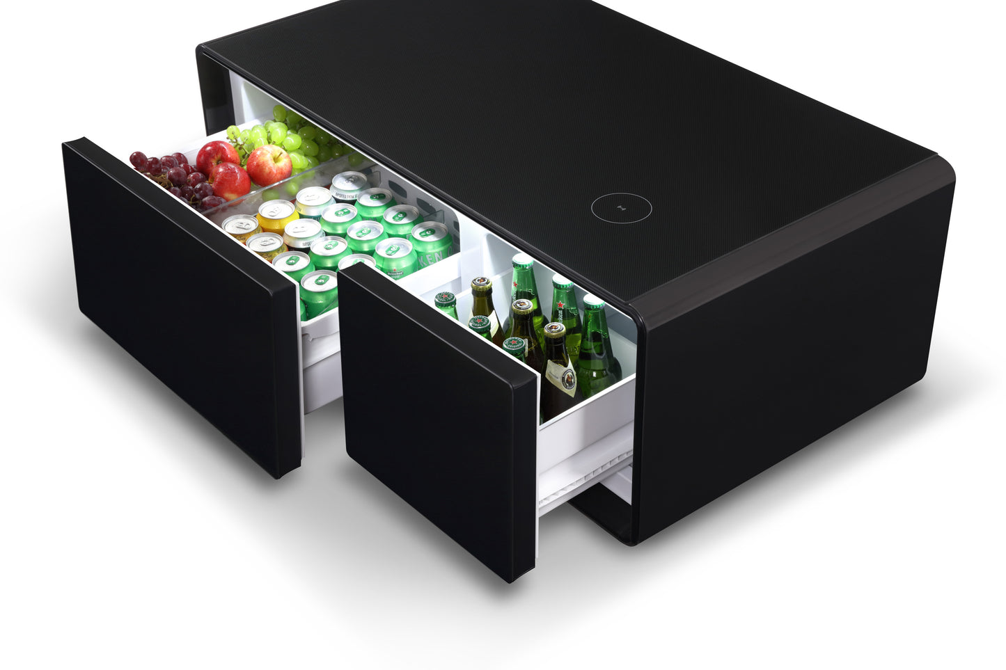 Black Smart Coffee Table with Refrigerated Storage, Wireless Charging, and Power Outlets