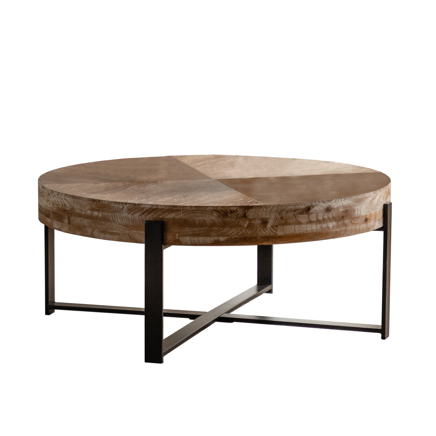 Retro Fir Wood Round Coffee Table with Black Iron Cross Legs Base