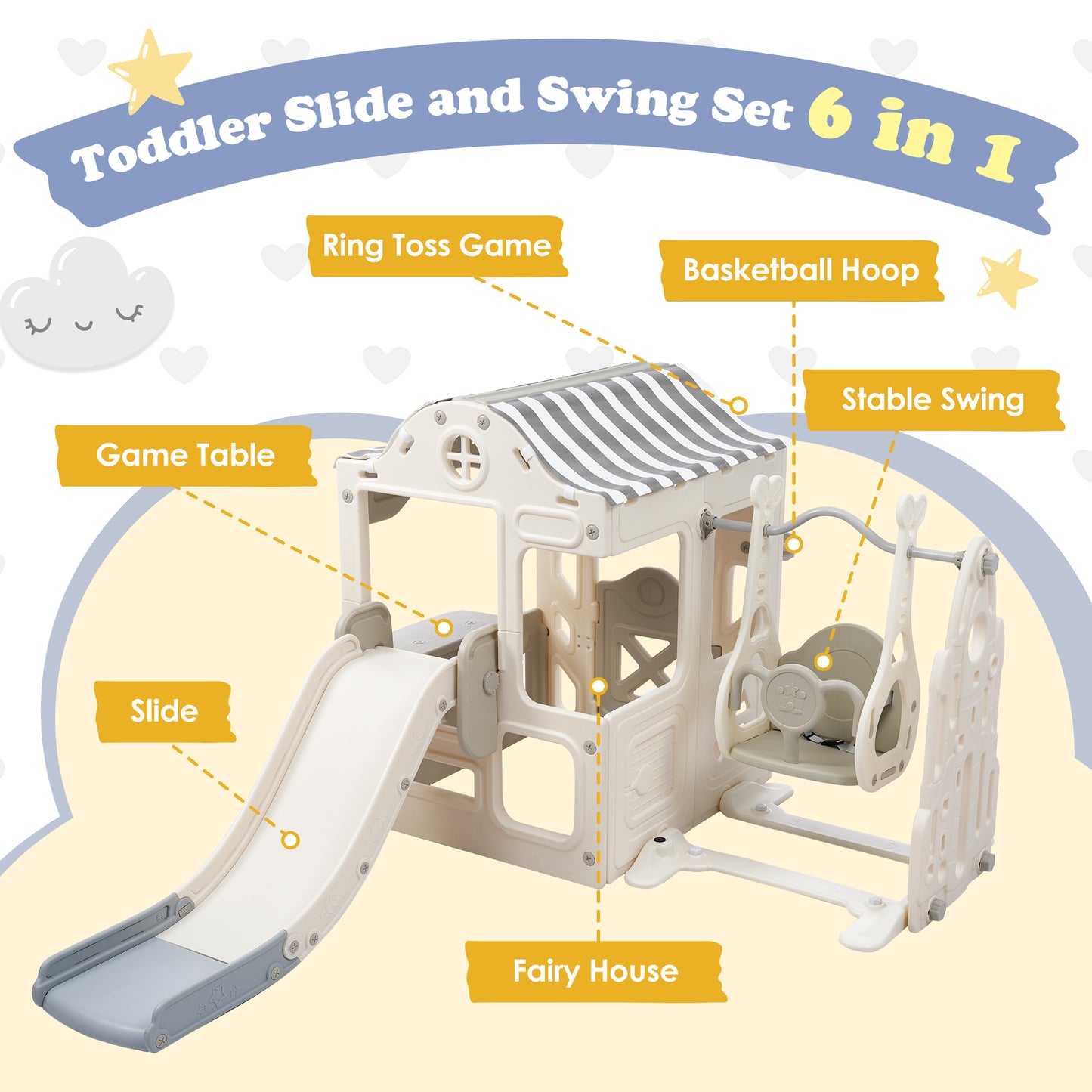 6-in-1 Toddler Slide and Swing Set with Fairy House for Babies