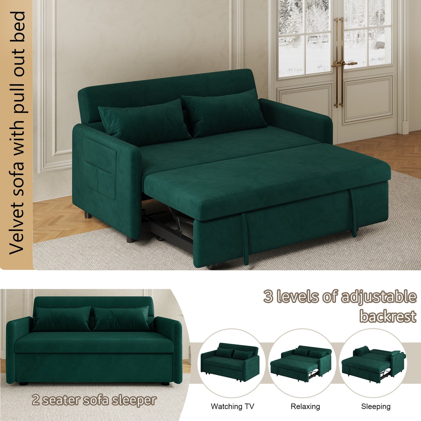 Sofa Pull Out Bed Included Two Pillows 54" Green Velvet Sofa for Small Spaces