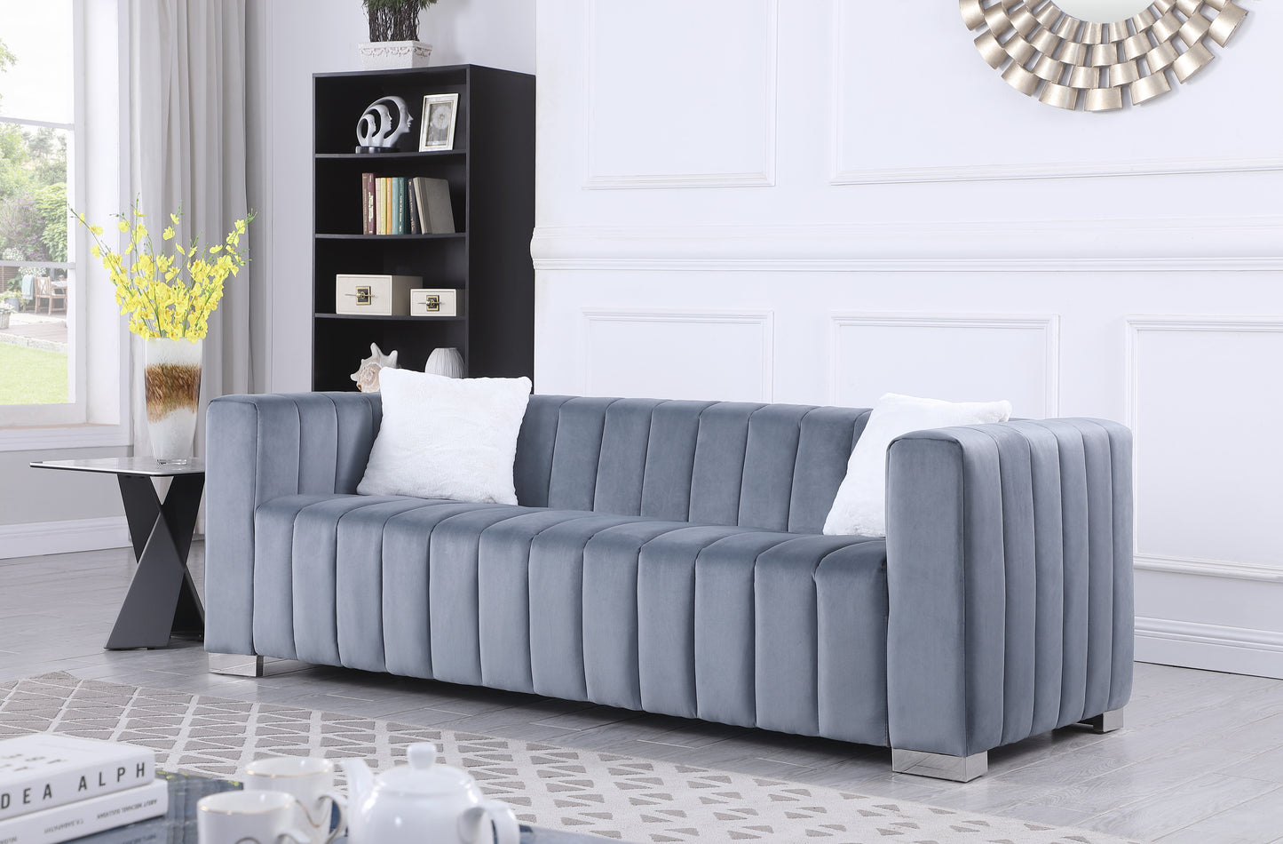 A modern  channel sofa  take on a traditional Chesterfield,Grey color,3 seater