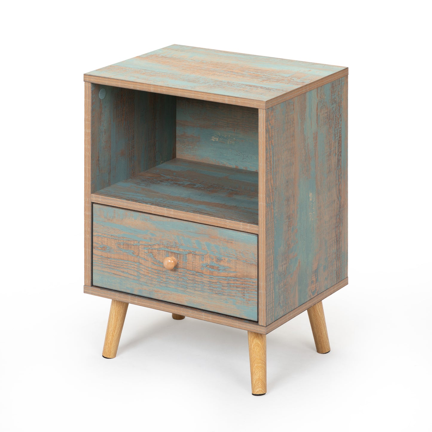 Set of 2 Modern Low Bedside Table, Wooden Nightstand with Drawer and Shelf, Patina Green