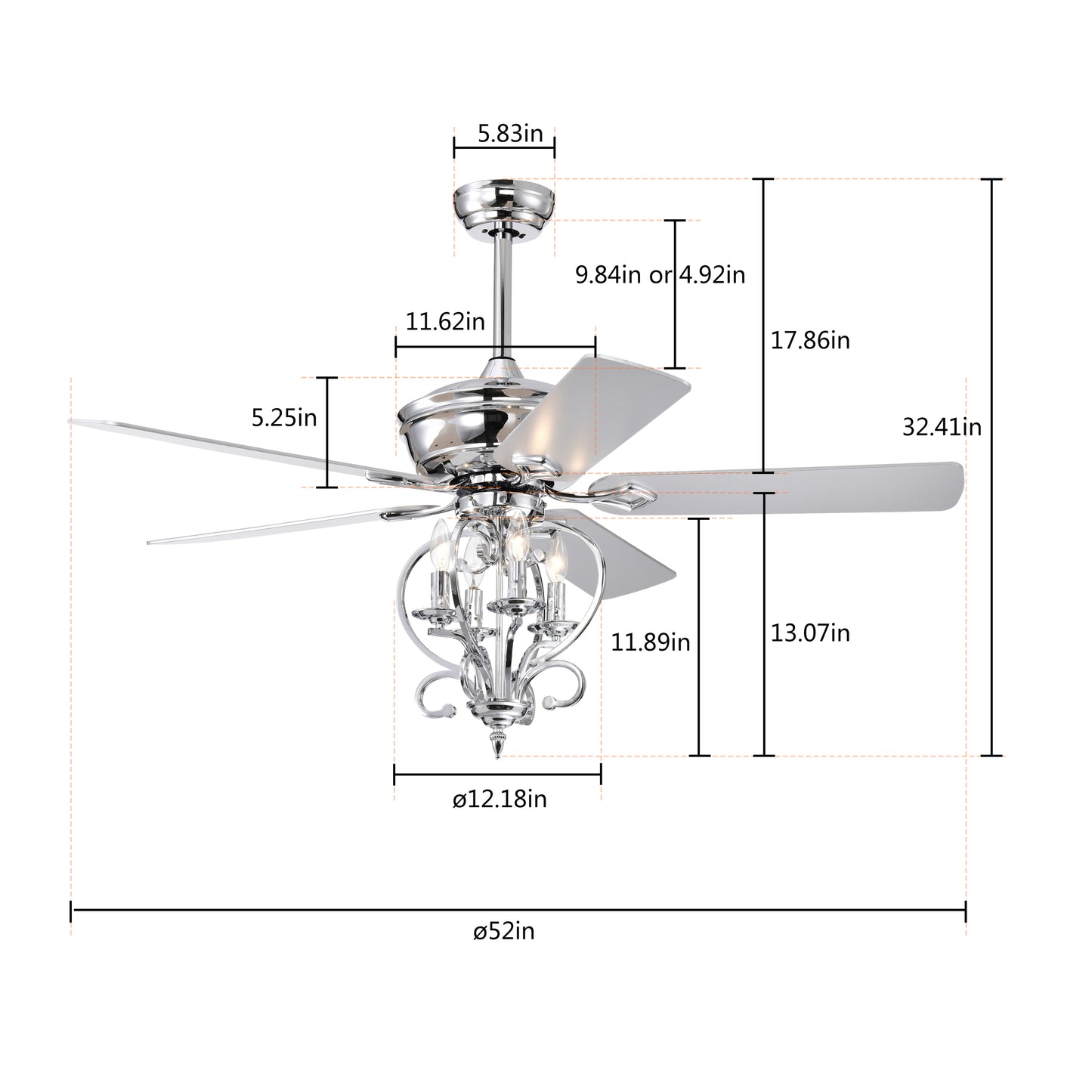 52-inch Silver Traditional Ceiling Fan with Reversible Airflow and Remote Control