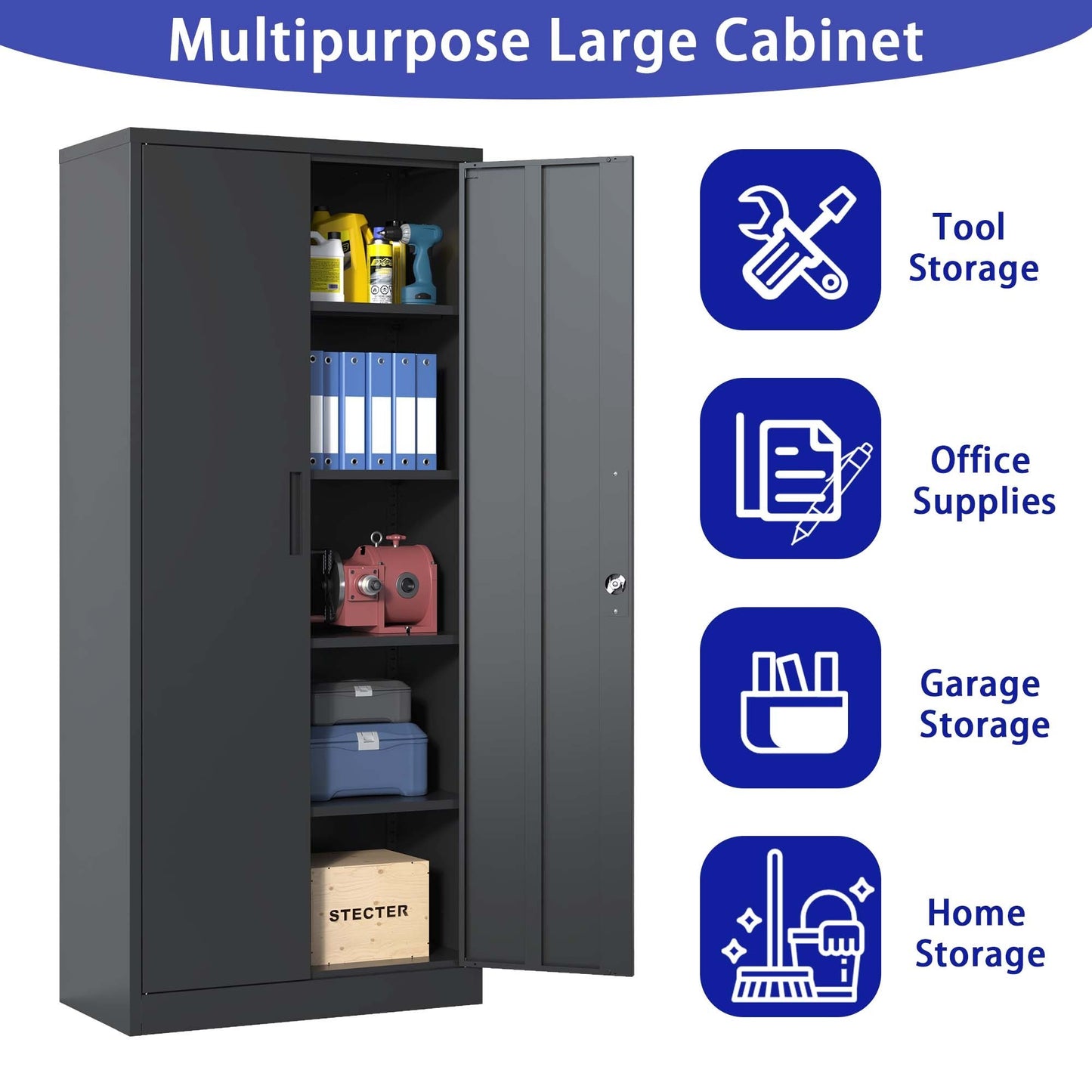 72H Metal Lockable Garage Storage Cabinet with 4 Shelves, Black Steel Cabinet for Home Office and Garage Organization