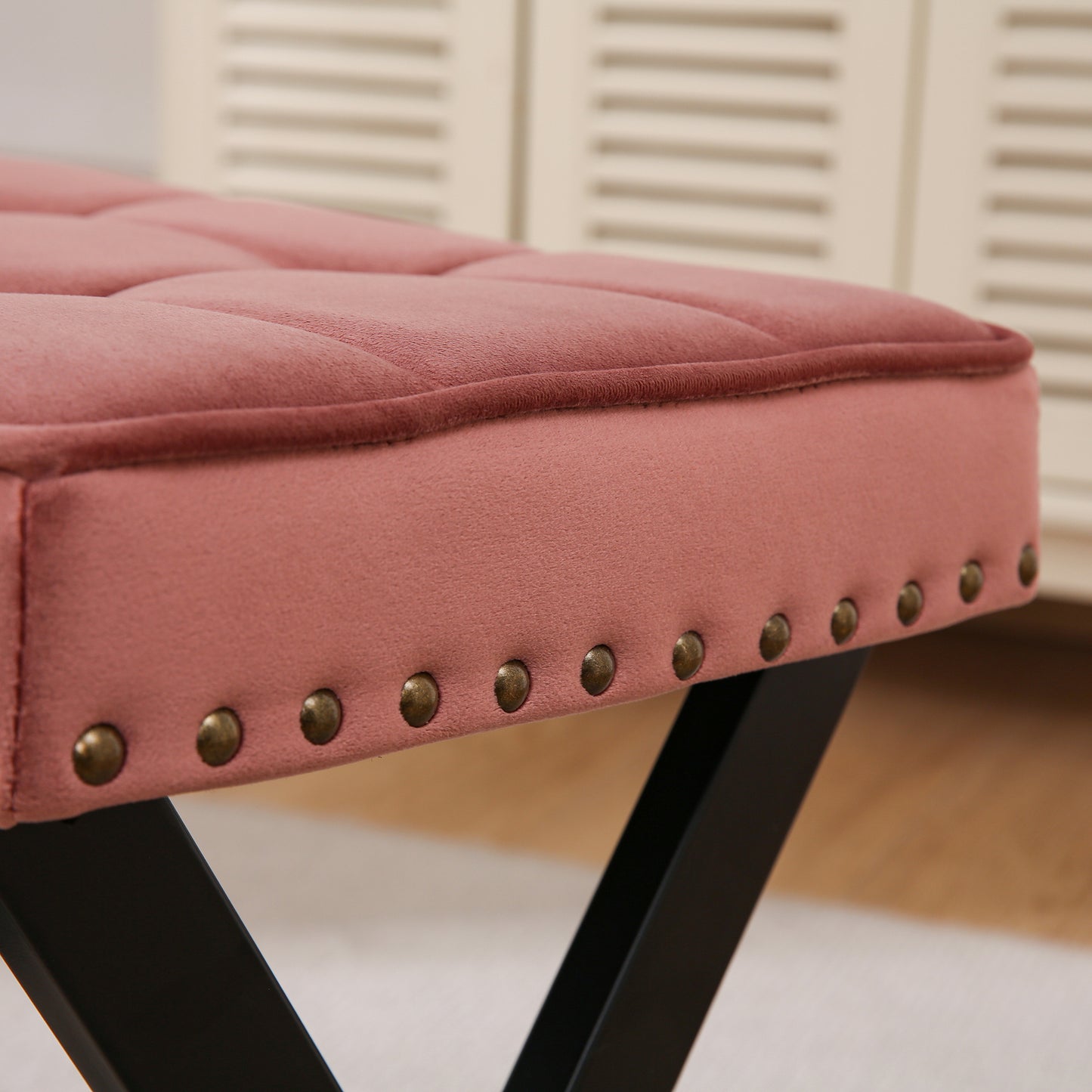 Fabric Upholstered Bench Ottoman Footstool Seat with X-Shaped Metal Legs (Pink)