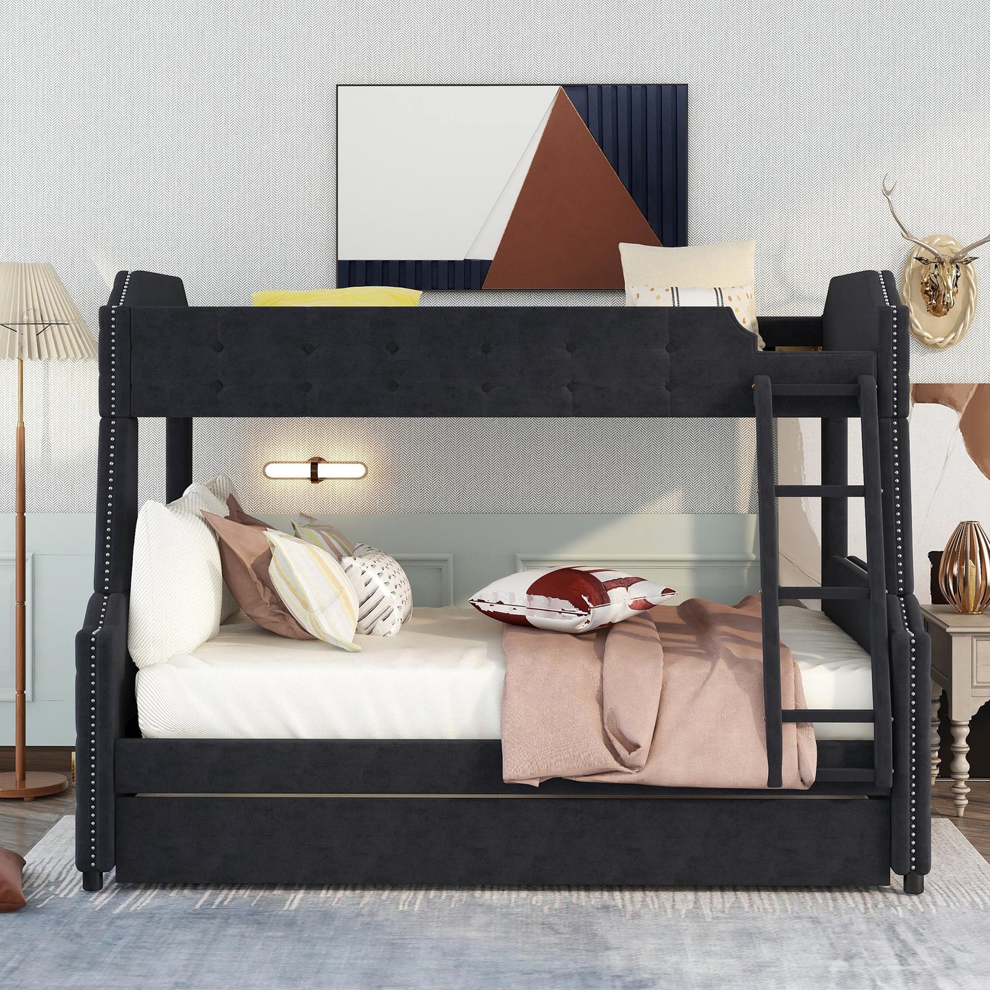 Black Velvet Upholstered Twin over Full Bunk Bed with Trundle and Button Tufted Design