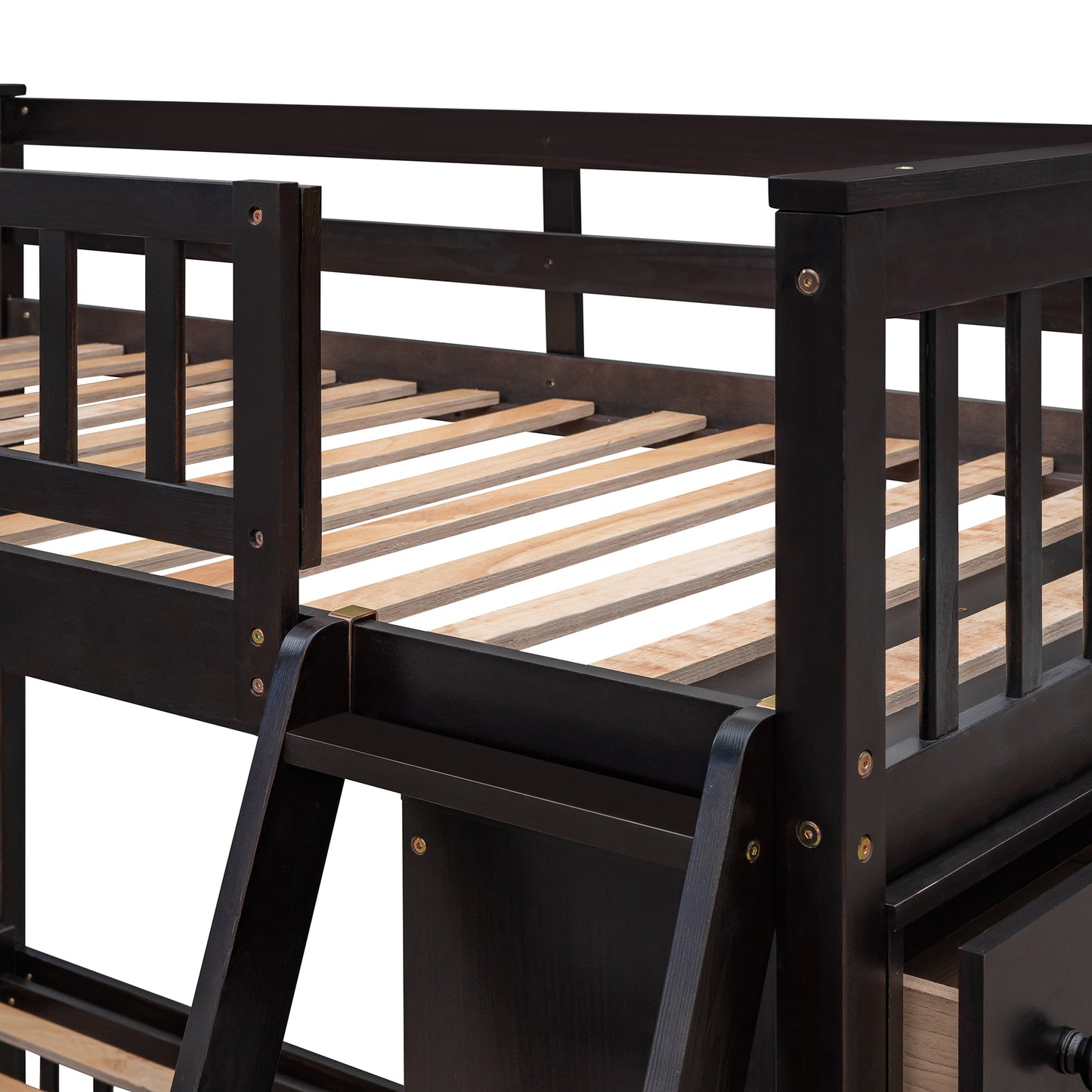 Espresso Wooden Bunk Bed with Twin Over Full, 6 Drawers, and Flexible Shelves - Versatile Solid Wood Bunk Bed with Storage and Removable Bottom Bed