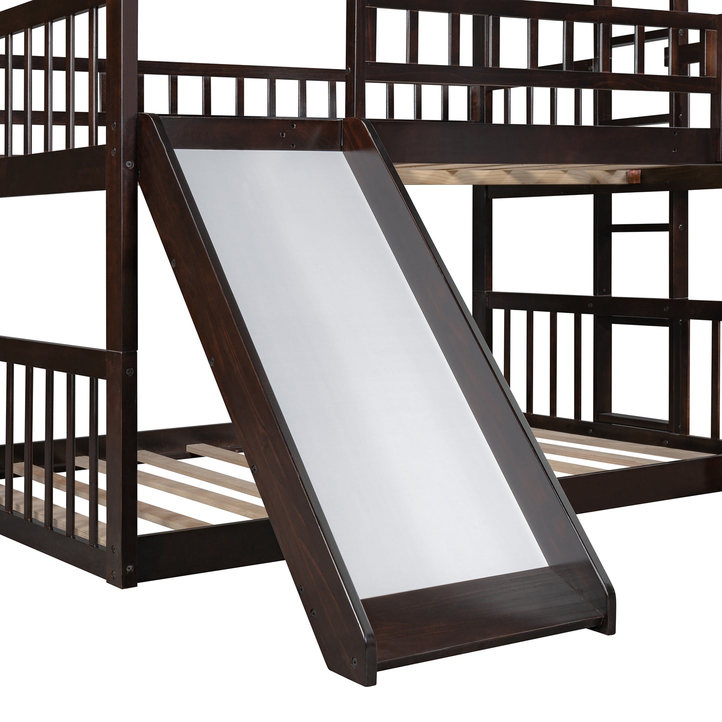 Espresso Full Triple Bunk Bed with Slide and Convertible Built-in Ladder