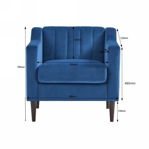 Modern Upholstered Tufted Accent Chair, Velvet Fabric Single Sofa Side Chair, Comfy Barrel Club Living Room Armchair with Solid Wood Legs for Bedroom Living Reading Room Office, Blue