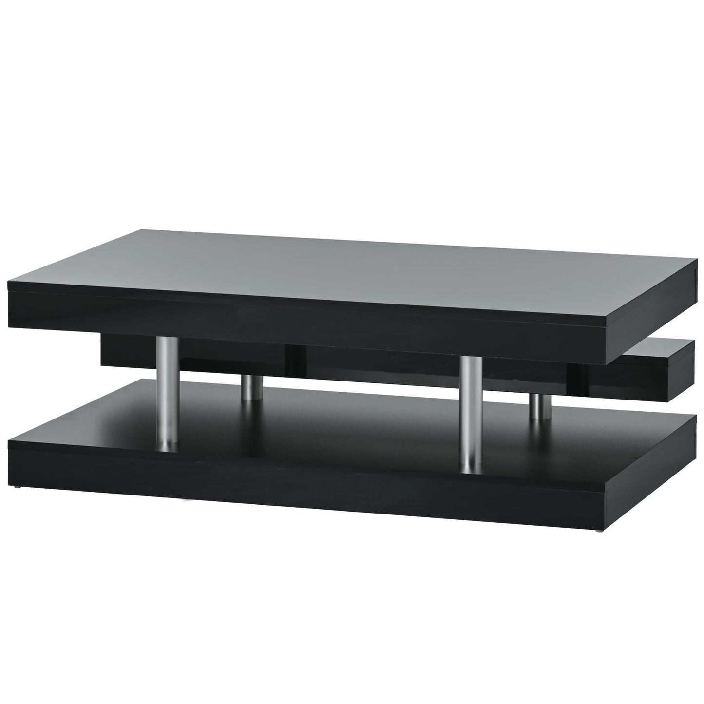 Black Contemporary 2-Tier Coffee Table with Sleek Metal Legs and High-Gloss UV Surface