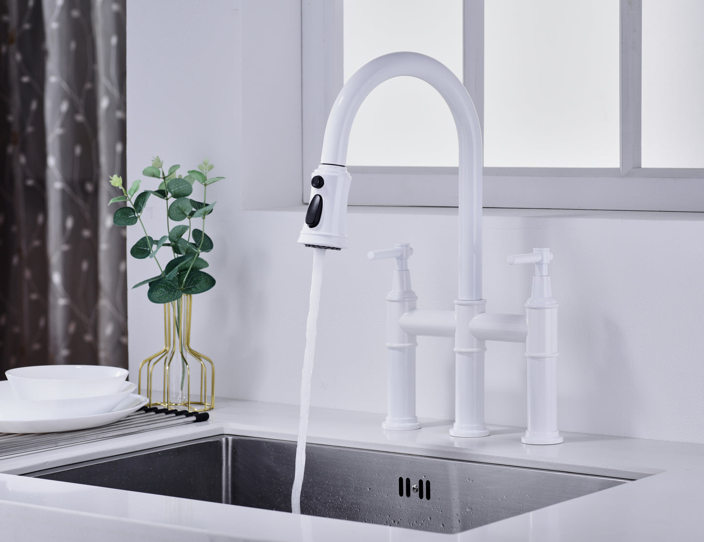 Bridge Kitchen Faucet with Pull-Down Sprayhead in Spot