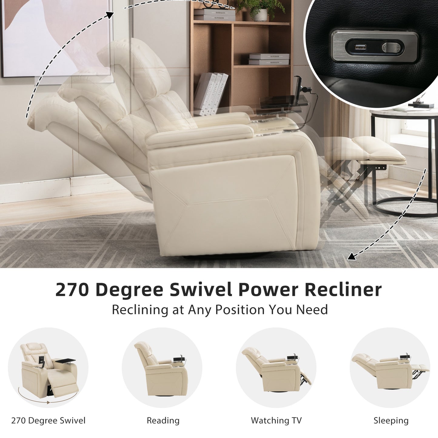 Power Recliner with Swivel, Cup Holder, USB Port, and Tray Table, White