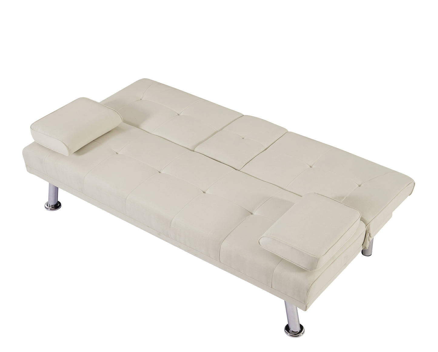 Convertible Fabric Linen Futon Sofa Bed with Removable Armrests and Cupholders