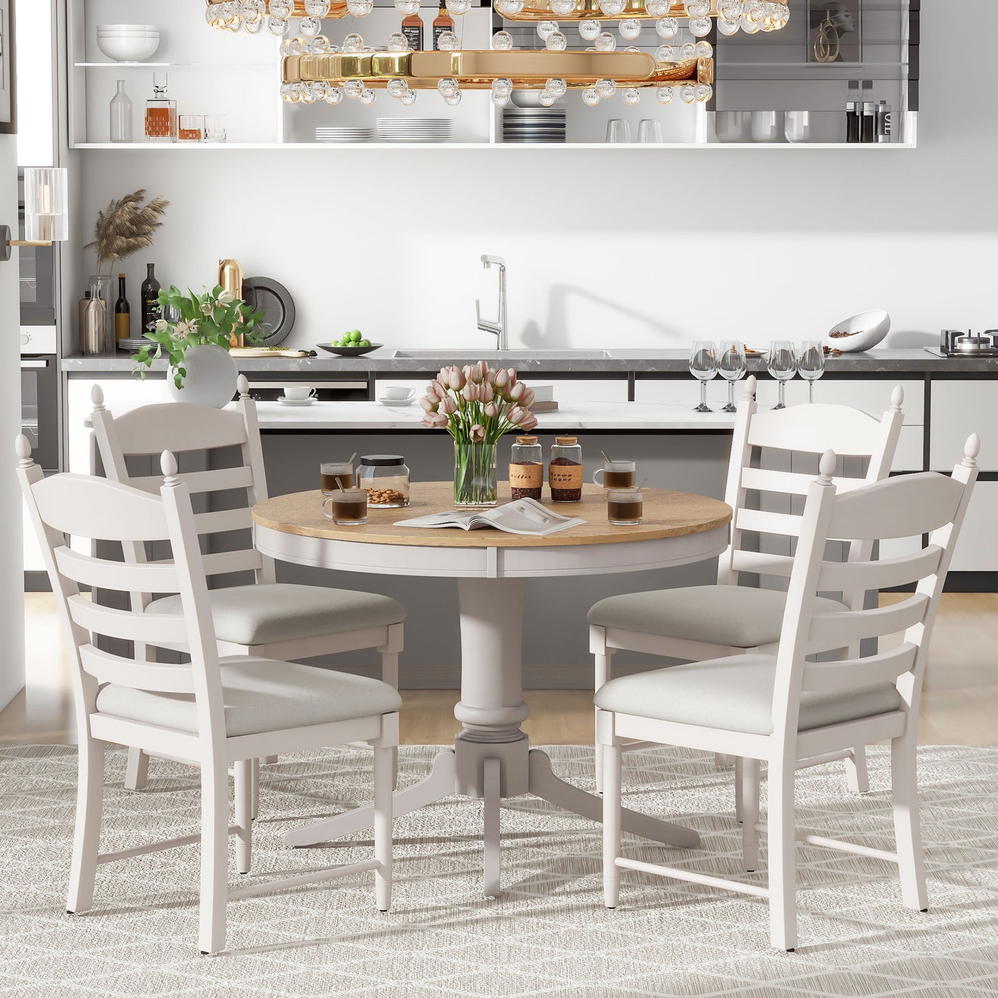 TREXM 5-Piece Retro Functional Dining Table Set Wood Round Extendable Dining Table and 4 Upholstered Dining Chairs (Off White)