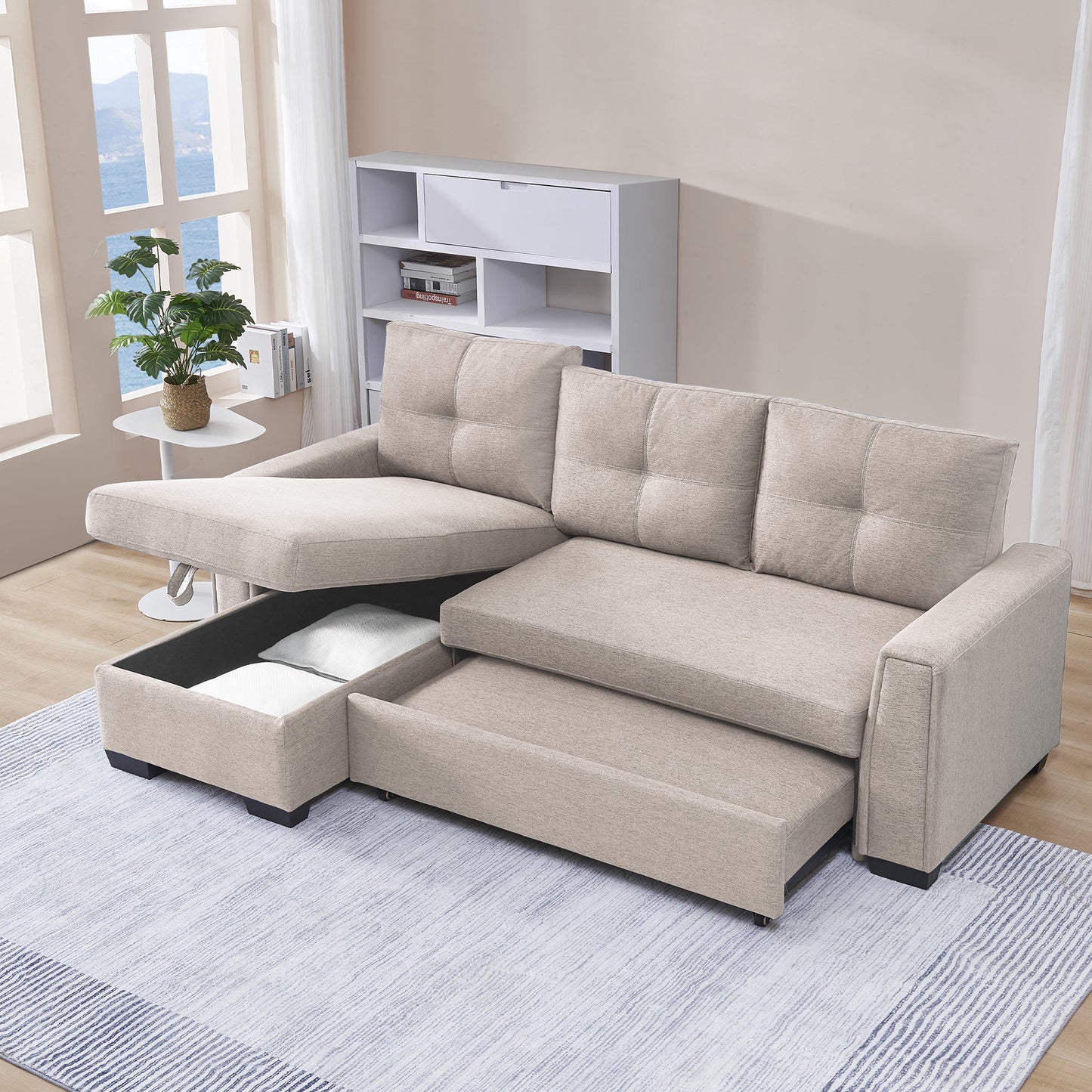 Modular Beige Fabric Sectional Sofa Bed with Storage Chaise & Convertible Sleeper