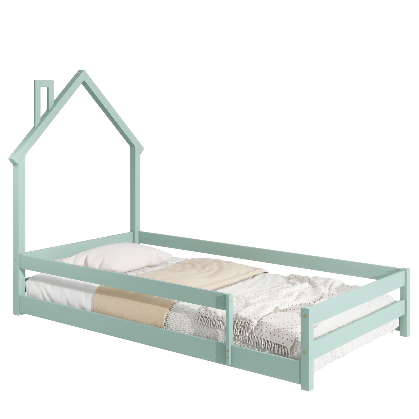 Twin Size Wood bed with House-shaped Headboard Floor bed with Fences,Light Green