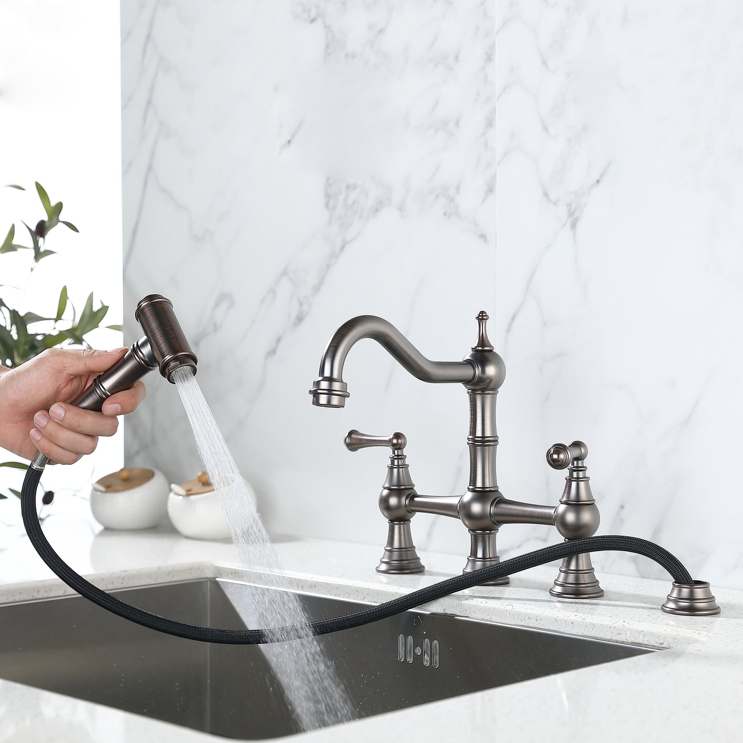 8 inch Centerset Bridge Kitchen Faucet with Brass Side Sprayer 2 Handles 4 Holes Antique Classic Heritage Deck-Mount Kitchen Sink Faucet