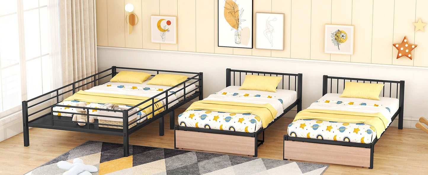 Full Over Twin & Twin Bunk Bed with Desks, Shelves, and Drawers in Black Metal Frame