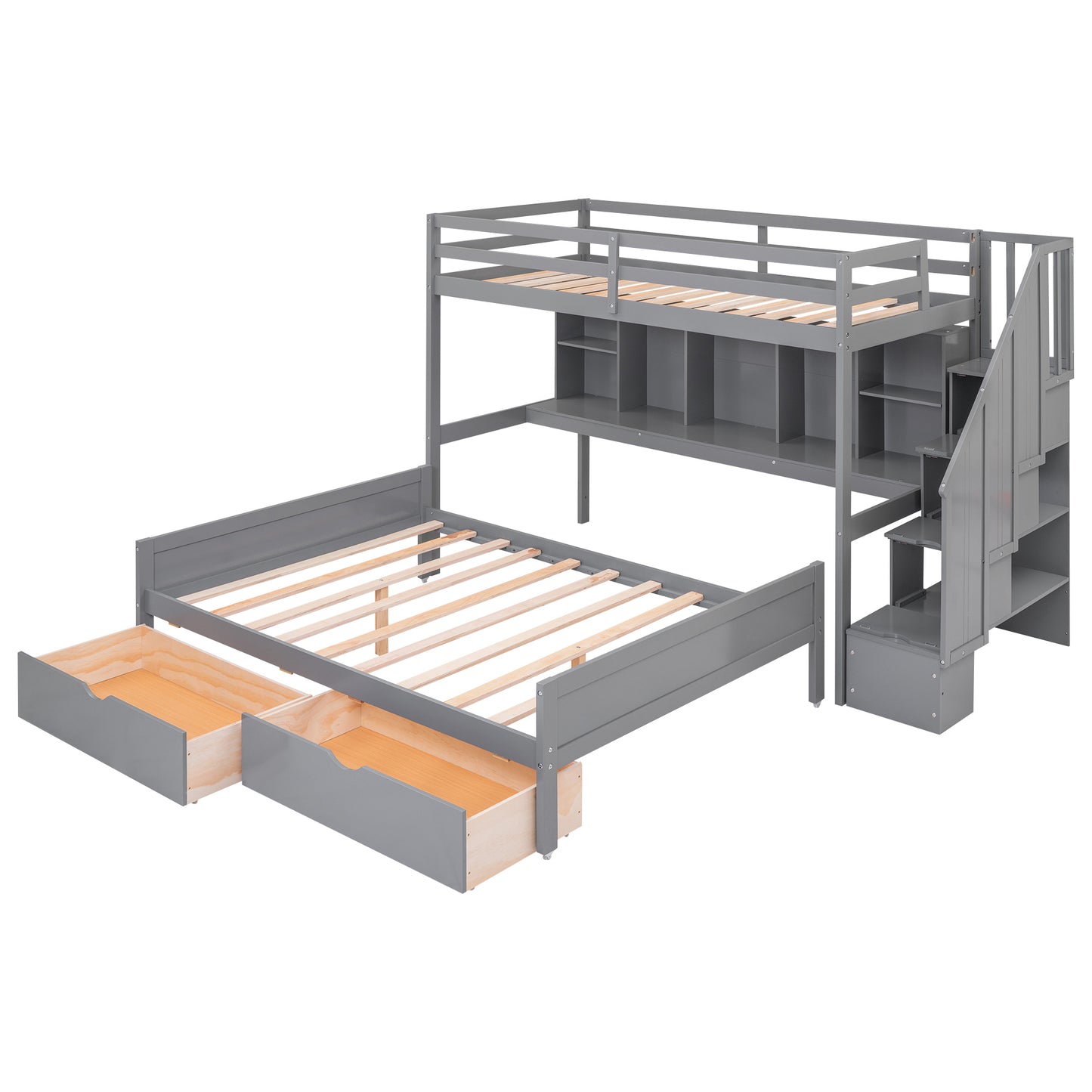 Gray Twin XL over Full Bunk Bed with Study Desk and Storage Solution