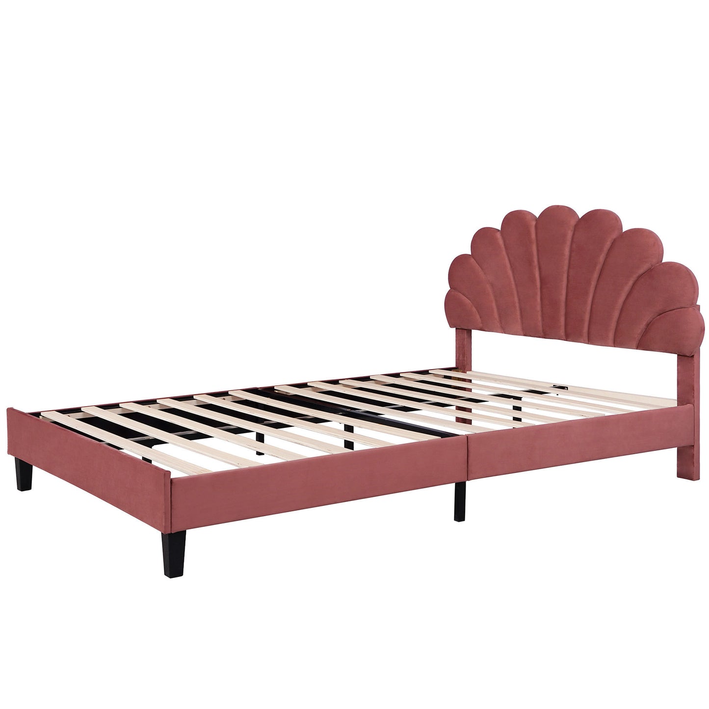 Queen Size Upholstered Platform Bed with Flower Pattern Velvet Headboard, Bean Paste Red