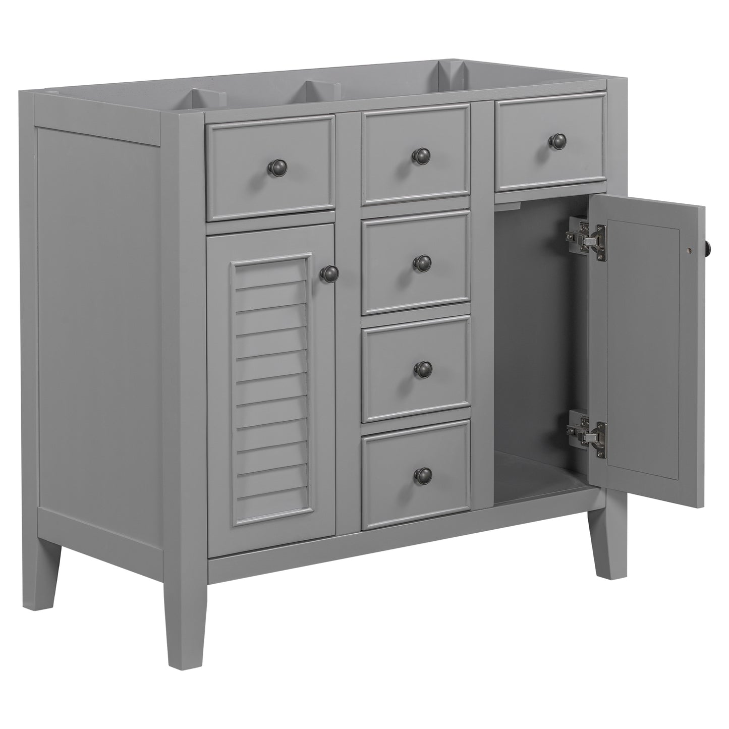 36" Bathroom Vanity without Sink, Cabinet Base Only, Two Cabinets and Five Drawers, Solid Wood Frame, Grey