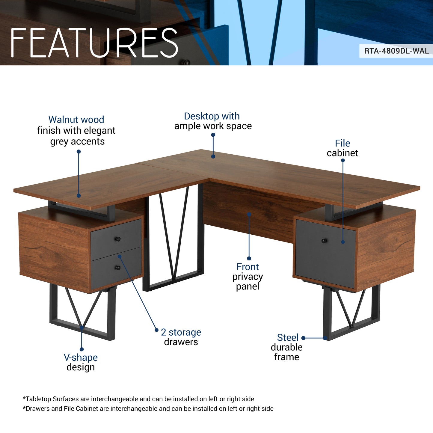 L-Shaped Computer Desk with Walnut Finish, File Cabinet, and Reversible Panels - Contemporary Industrial Design