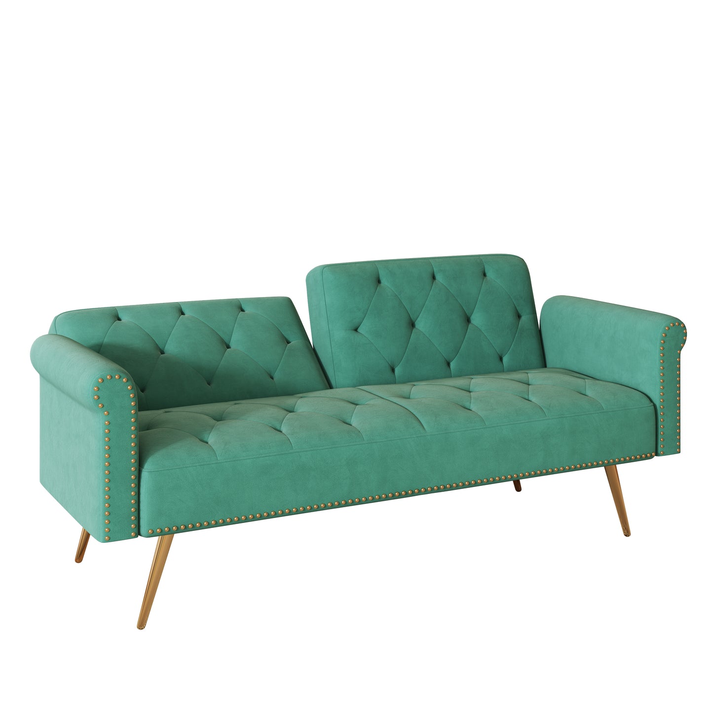 69.7 Green Velvet Sofa Bed with Nail Head Trim and Throw Pillow