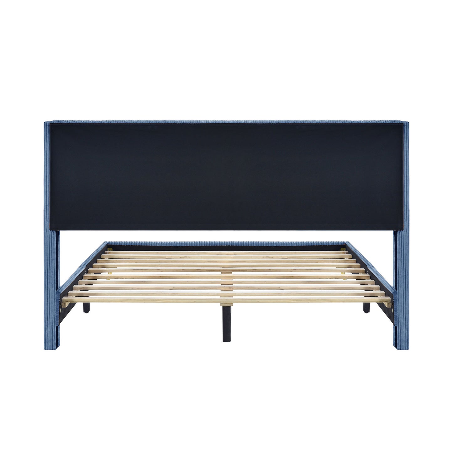 Queen Size Corduroy Platform Bed with Metal Legs, Blue