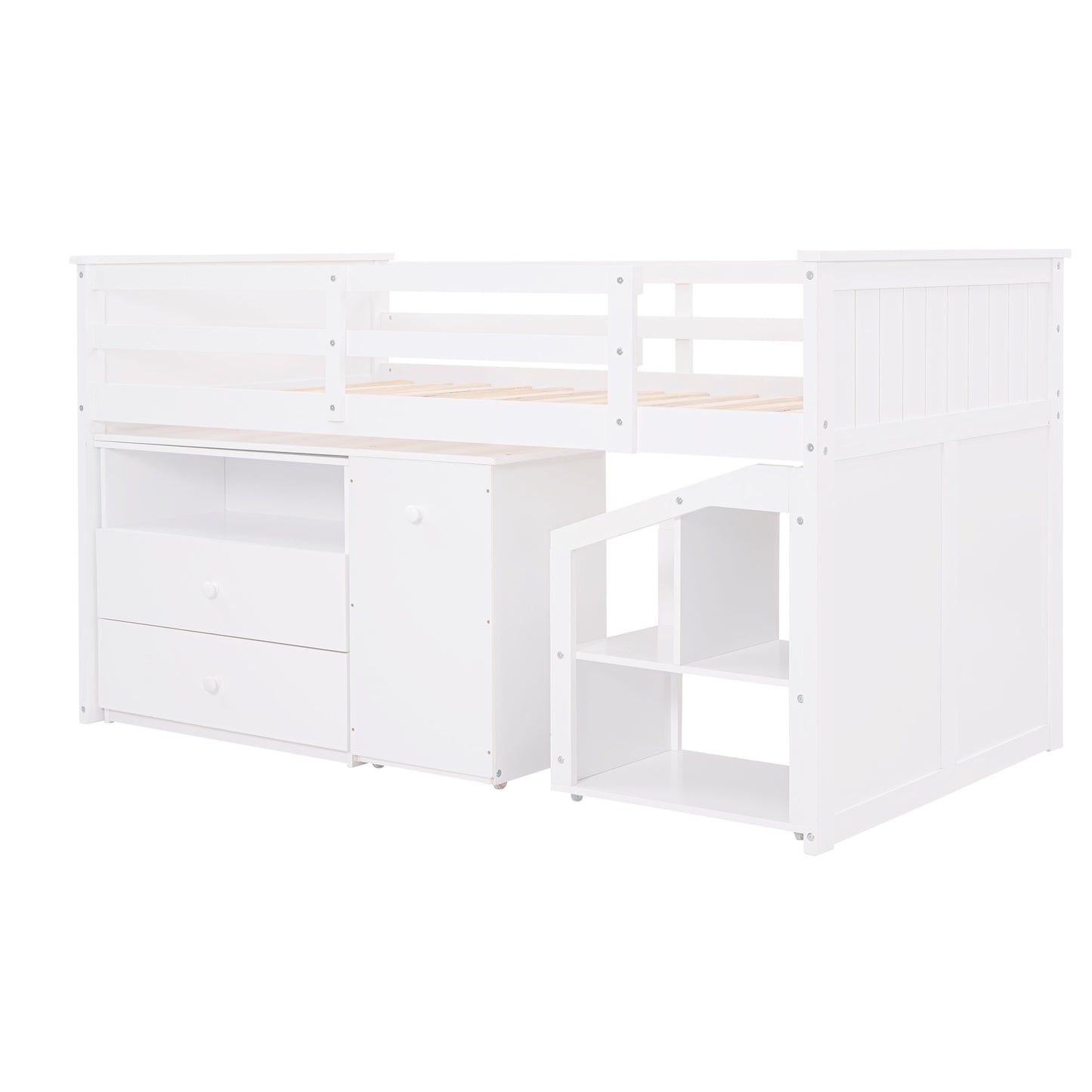 Loft Bed Low Study Twin Size Loft Bed With Storage Steps and Portable,Desk,White(: LT000101AAK)