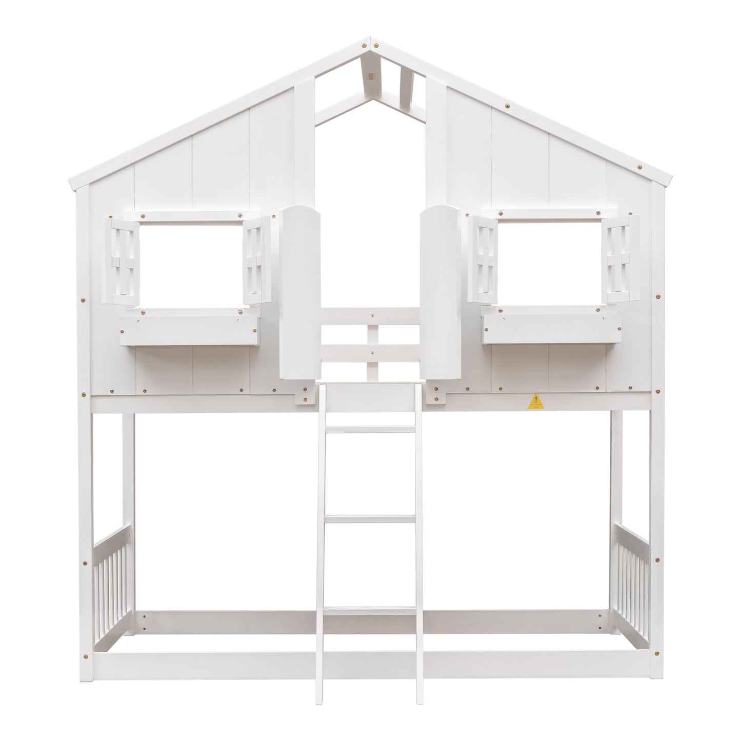 Cabin Inspired Kids' White Bunk Bed with Roof, Window, and Door