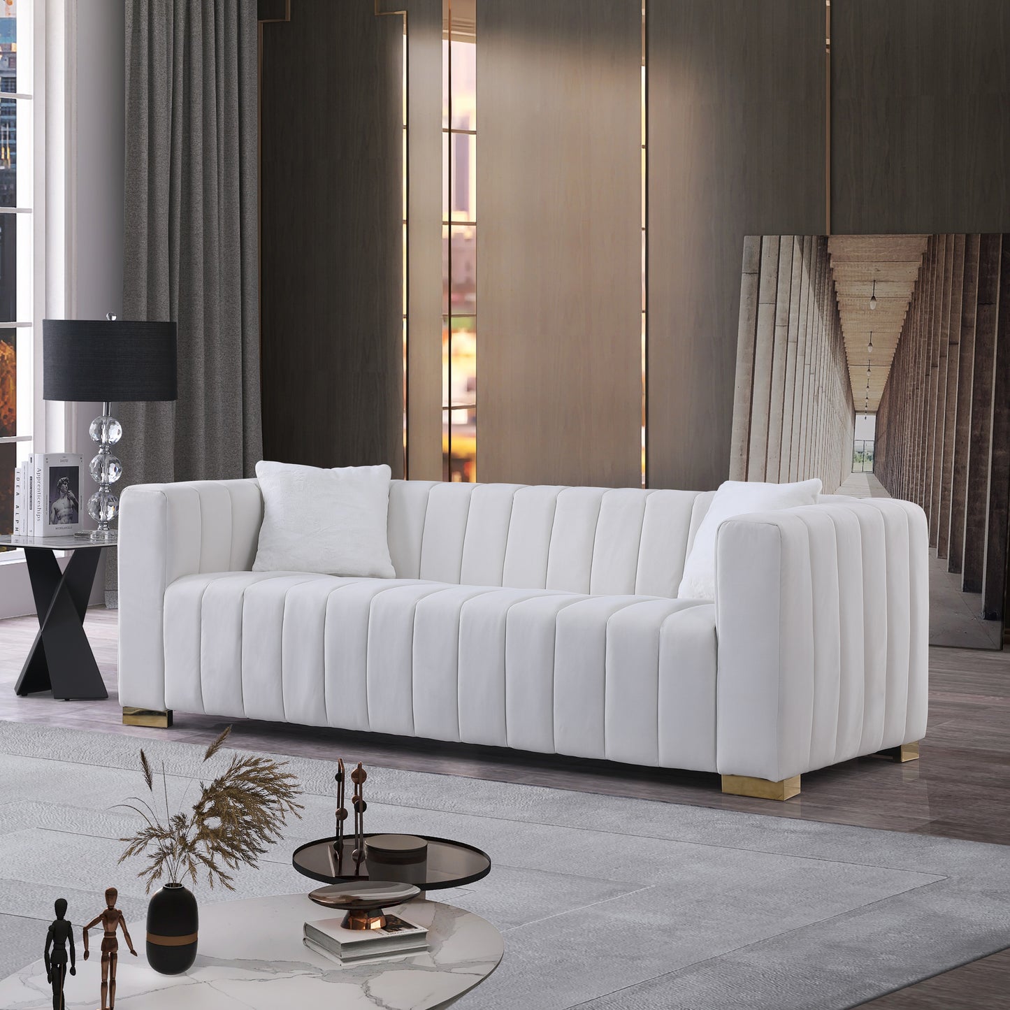 A modern  channel sofa  take on a traditional Chesterfield,White color,3 seater