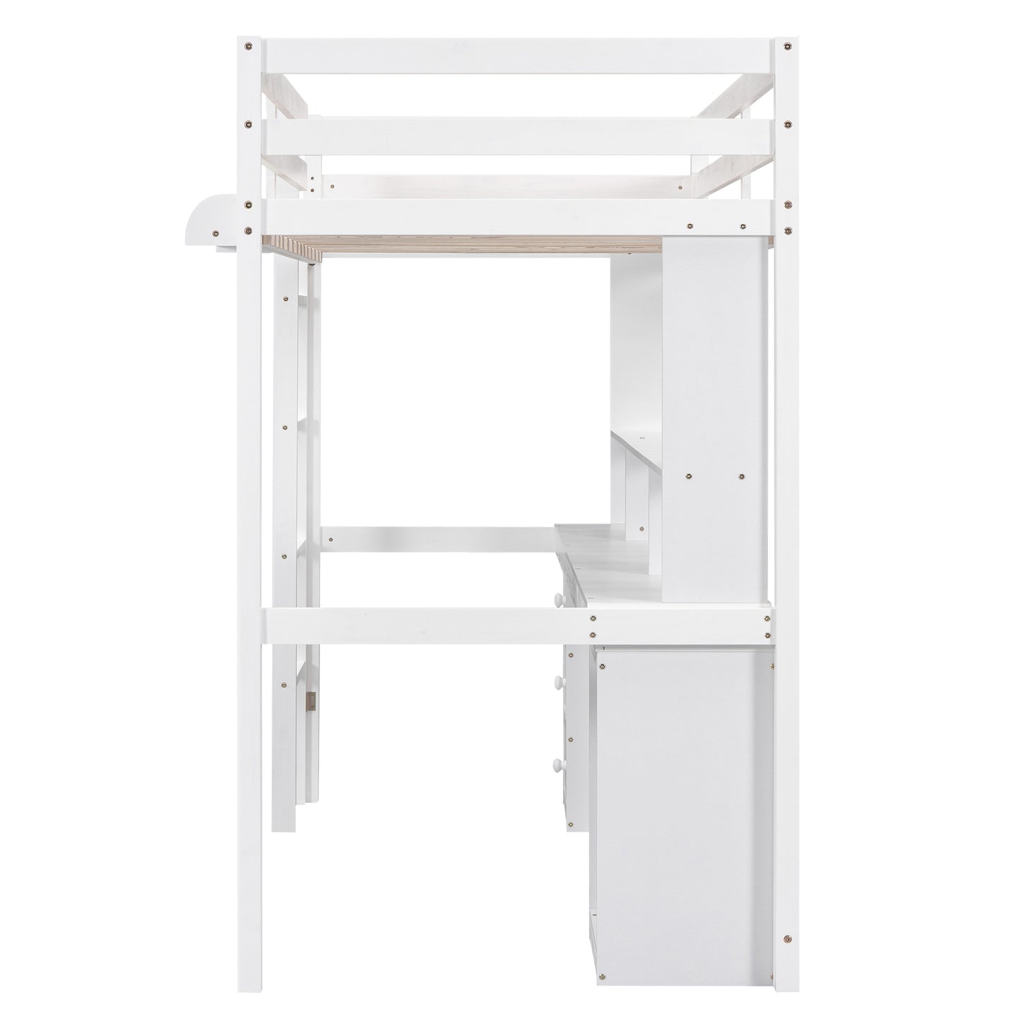 Twin Size Loft Bed with Multi-storage Desk, LED light and Bedside Tray, Charging Station, White