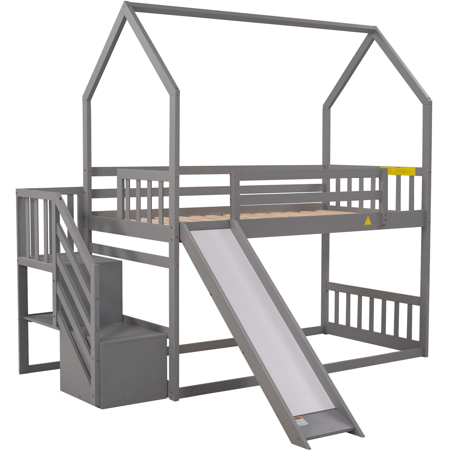 House Bunk Bed with Twin Over Twin Convertible Slide, Storage Staircase, and Gray Finish