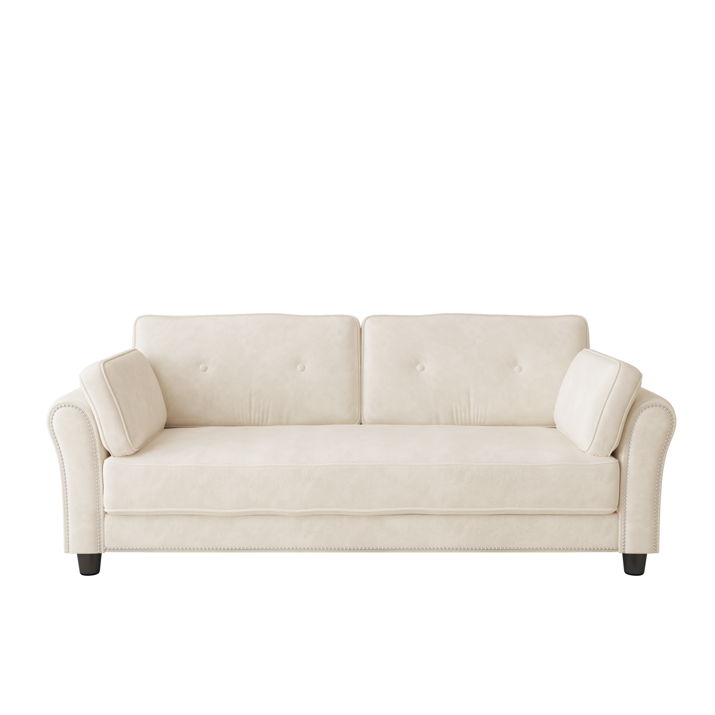 79 Beige Velvet Sofa with Nail Head Trim and Button Backrest