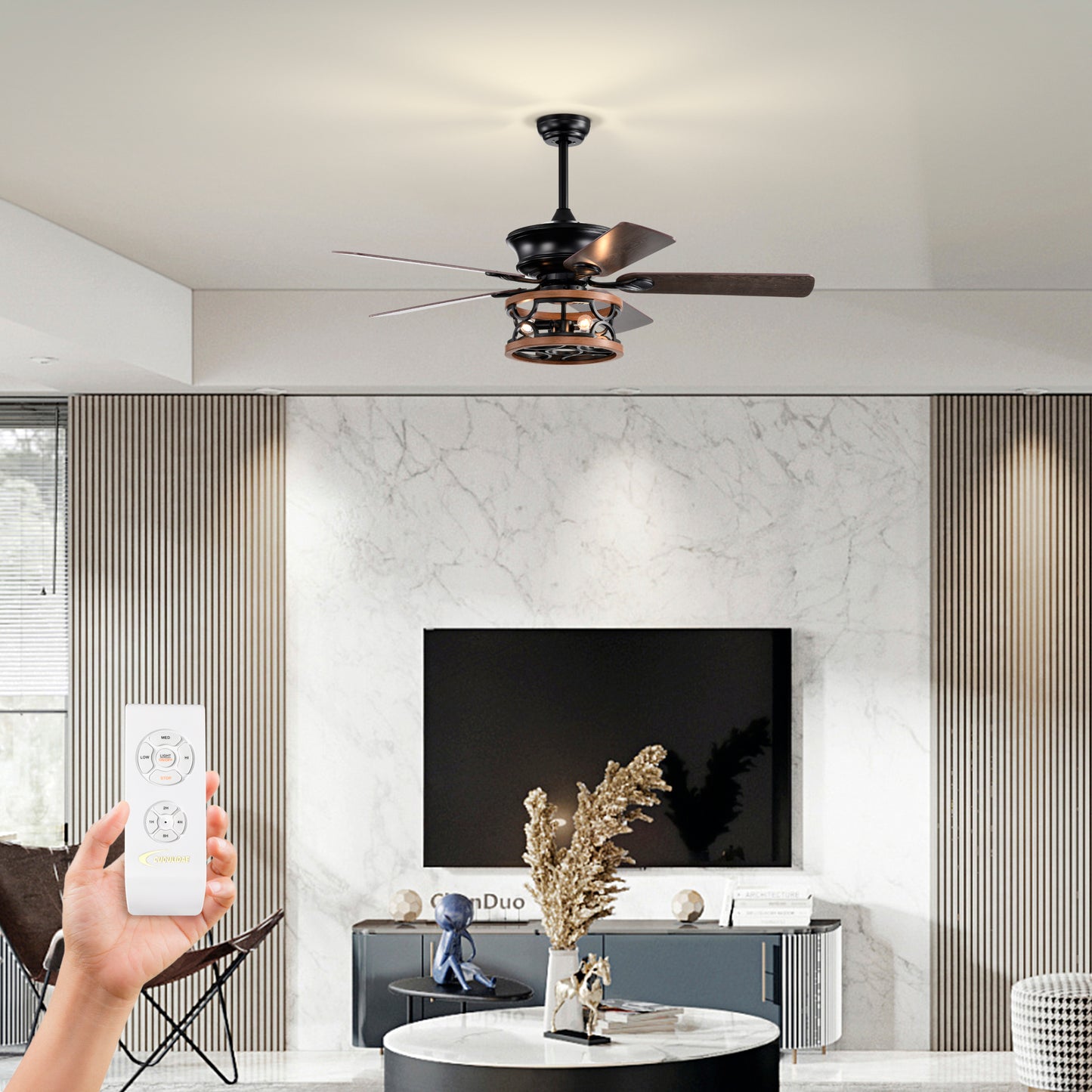 Farmhouse Ceiling Fan with Reversible Airflow, Remote Control, and Caged Light Fixture